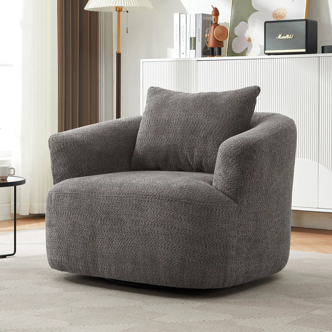 360° Swivel Barrel Sofa Chair With Throw Pillow, Upholstered Accent Chair by Unique Piece Furniture