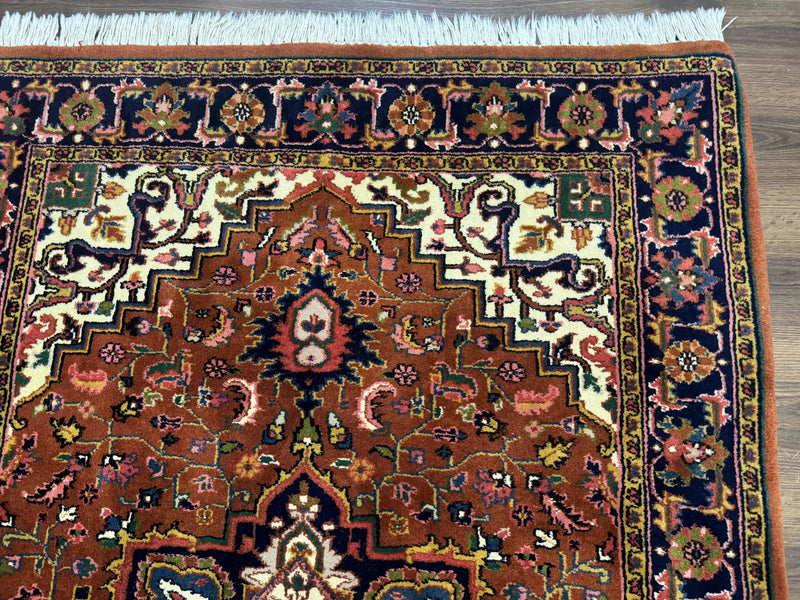 Indo Persian Heriz Rug 4x6, Rust Red Navy Blue and Cream by Jewel Rugs