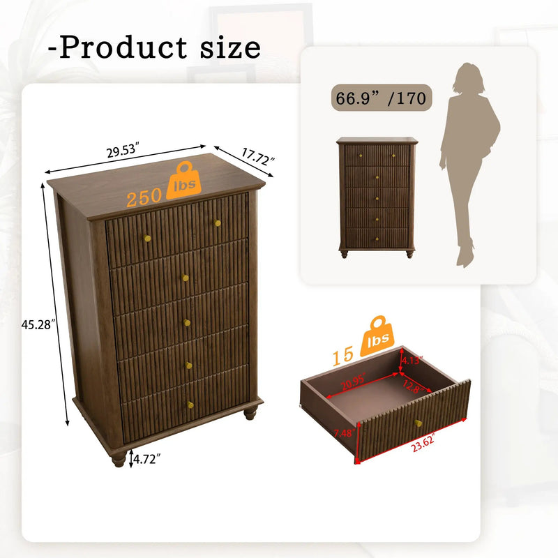 Fluted 5 Drawer Dresser, 45 Inch Tall Modern Chest of Drawers by HouseOfZazla
