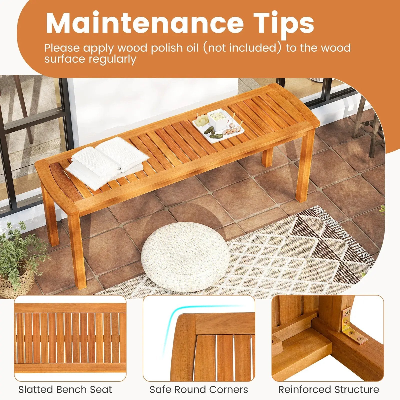 Set of 2 Acacia wood outdoor bench with slatted seat for garden by DirectDeals
