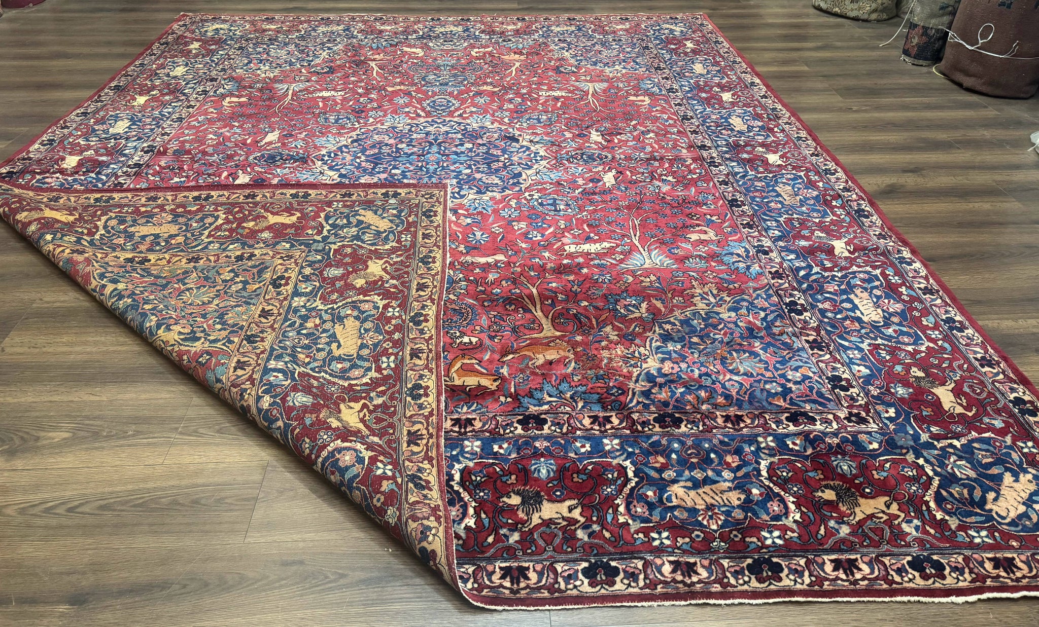 Antique Indo Persian Kerman Rug 9x12 Red Manchester Wool Animal Pictorials, Fine 290 KPSI by Jewel Rugs