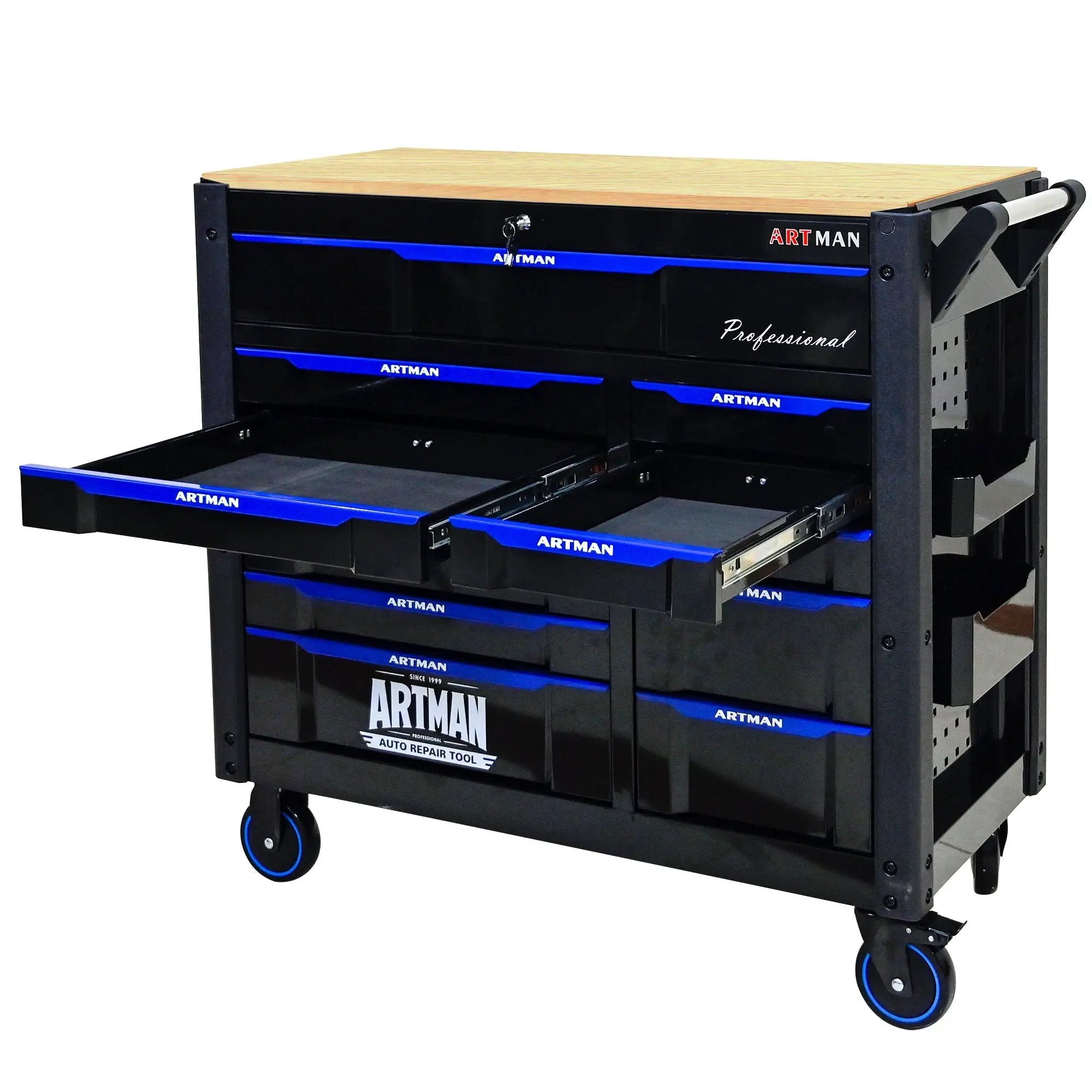 12 Layer Drawer Multi Purpose Tool Cart With Wheels And Wooden Countertops - Black / Blue by HouseOfZazla