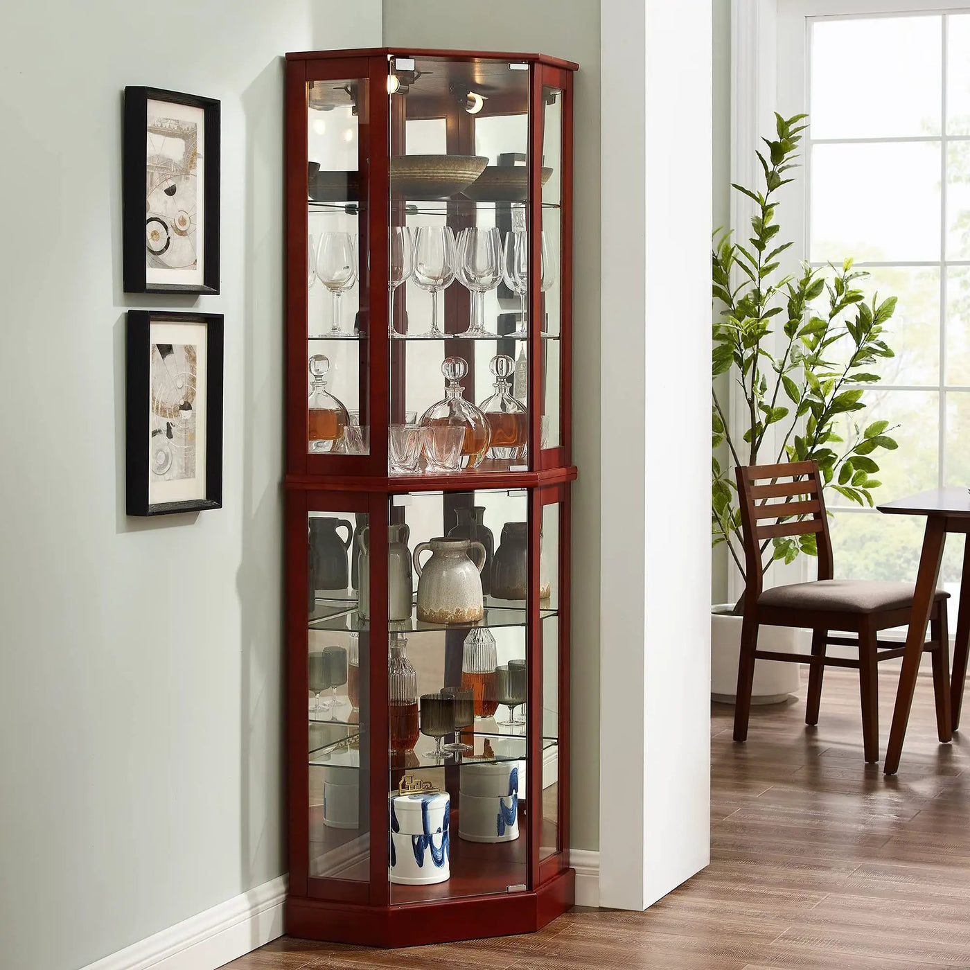6 Shelf Corner Curio Display Cabinet With Lights, Mirrors And Adjustable Shelves (E26 Light Bulb Not Included) by Unique Piece Furniture