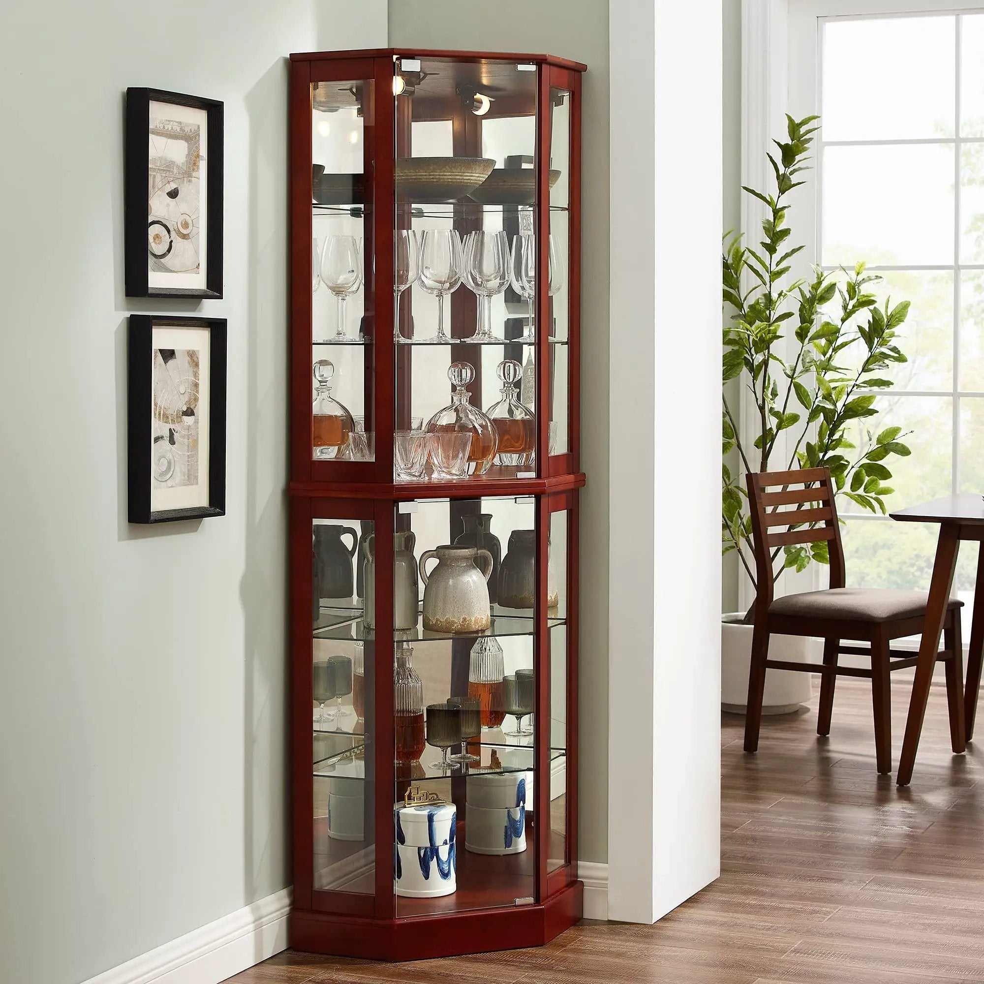 6 Shelf Corner Curio Display Cabinet With Lights, Mirrors And Adjustable Shelves (E26 Light Bulb Not Included) by Unique Piece Furniture