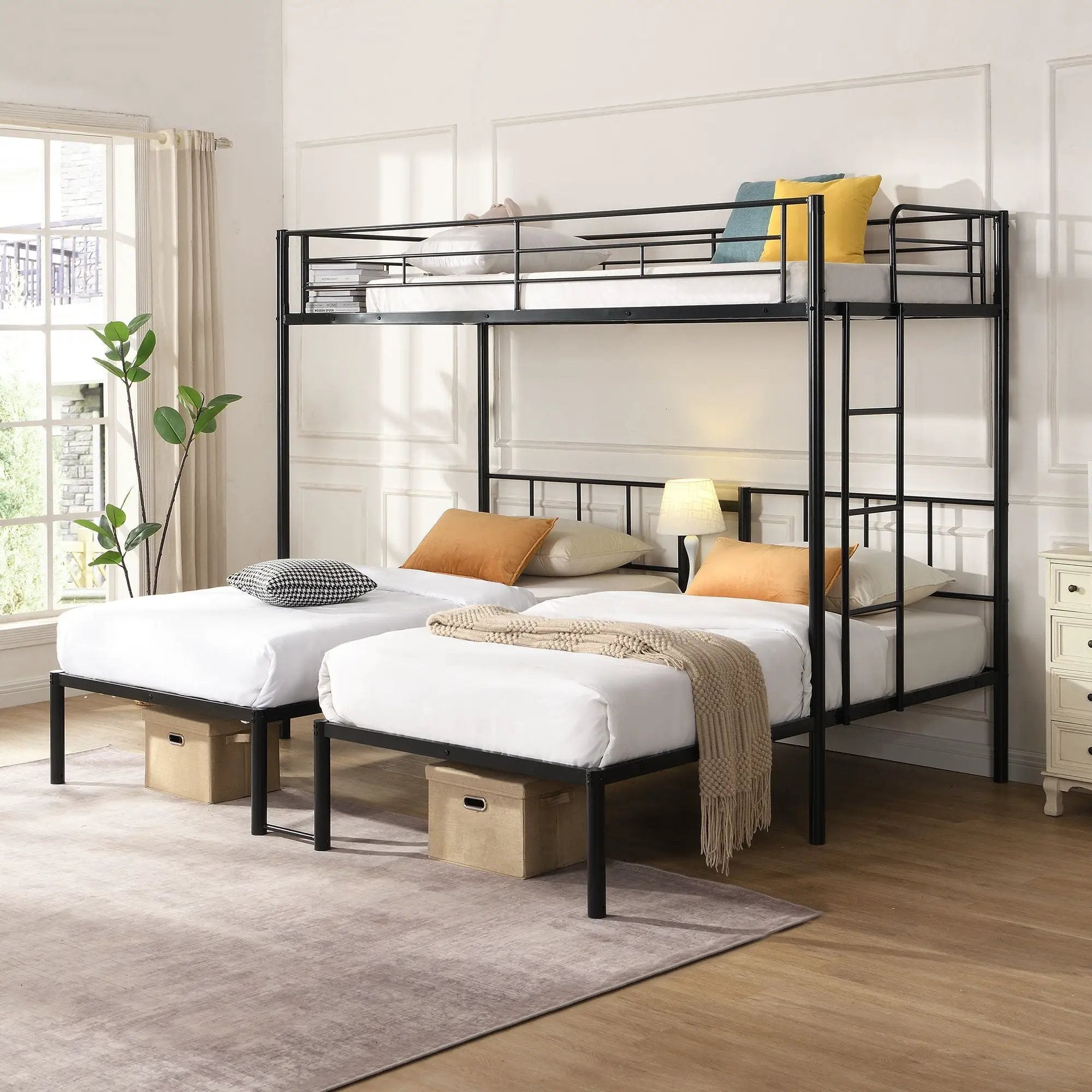 Twin Over Twin Over Twin Triple Bunk Bed With Safety Rails And Storage Shelf - Black by HouseOfZazla