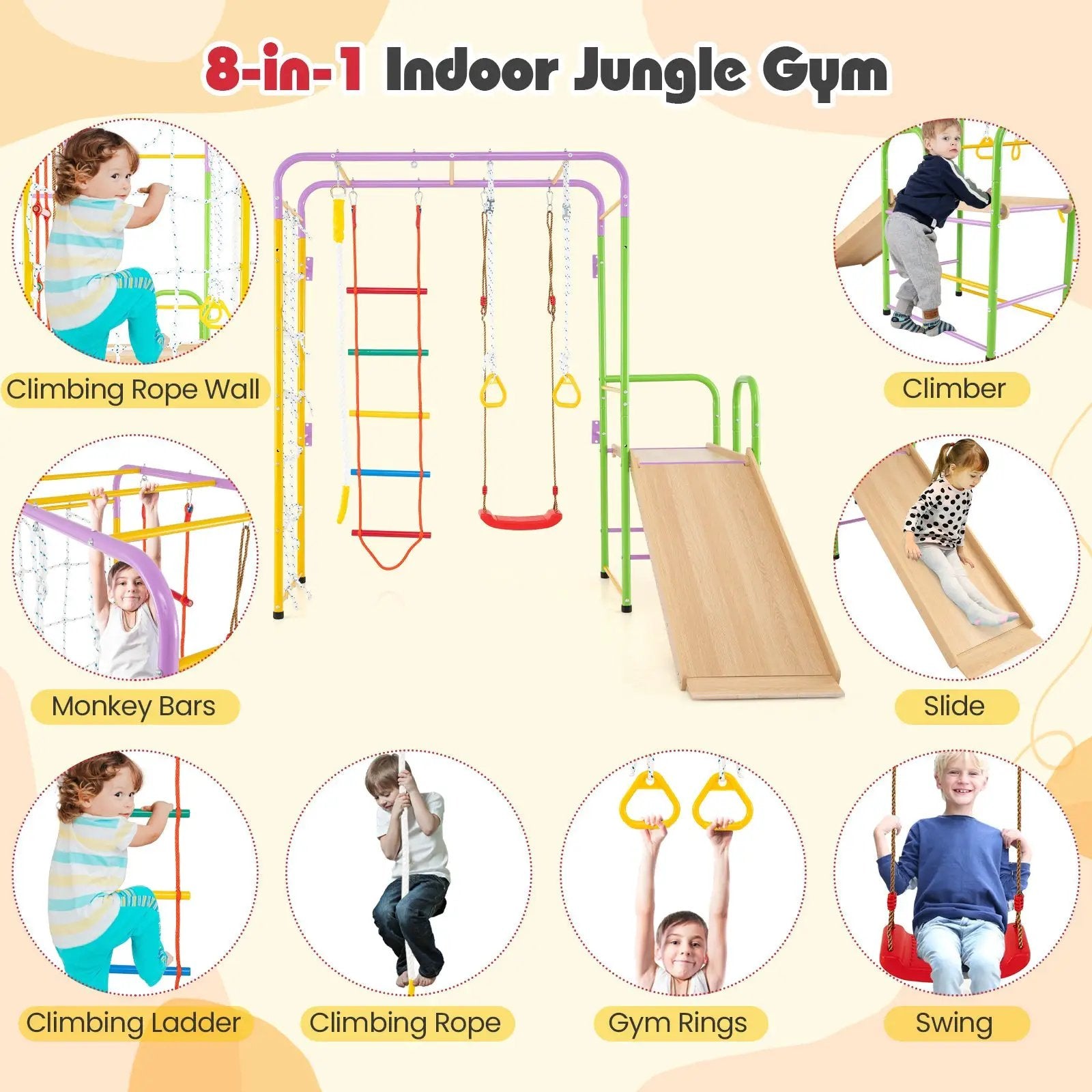 Metal Indoor Jungle Gym 8-in-1 Climbing Playset with Monkey Bars-Multicolor by DirectDeals