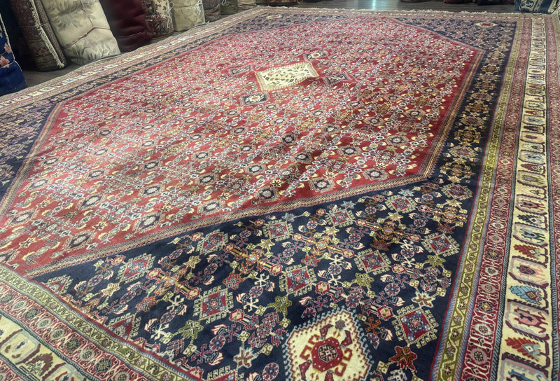 Palace Size Persian Shiraz Rug 13x19, Tribal Rug, Herati Pattern, Brick Red Navy Blue Beige, Oversized Persian Wool Area Rug, Extra Large by Jewel Rugs