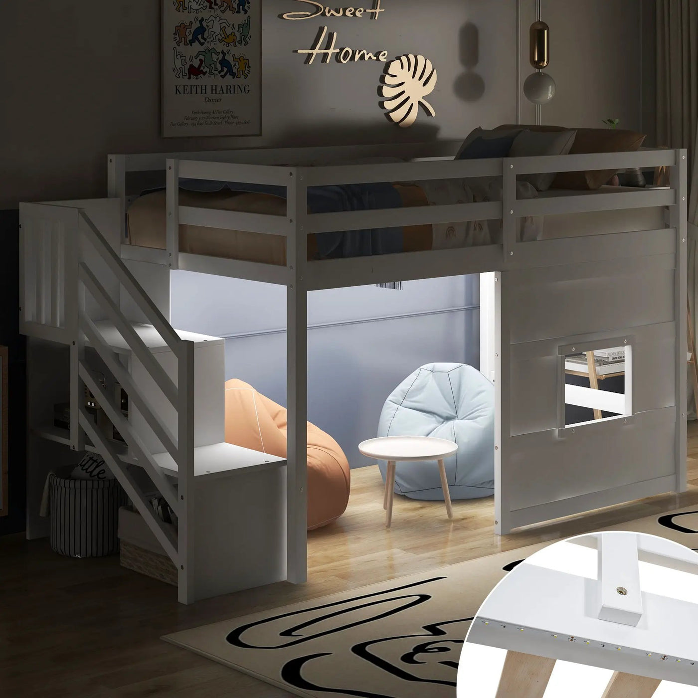 Loft Bed With Storage Staircase, Window & LED Light by Unique Piece Furniture