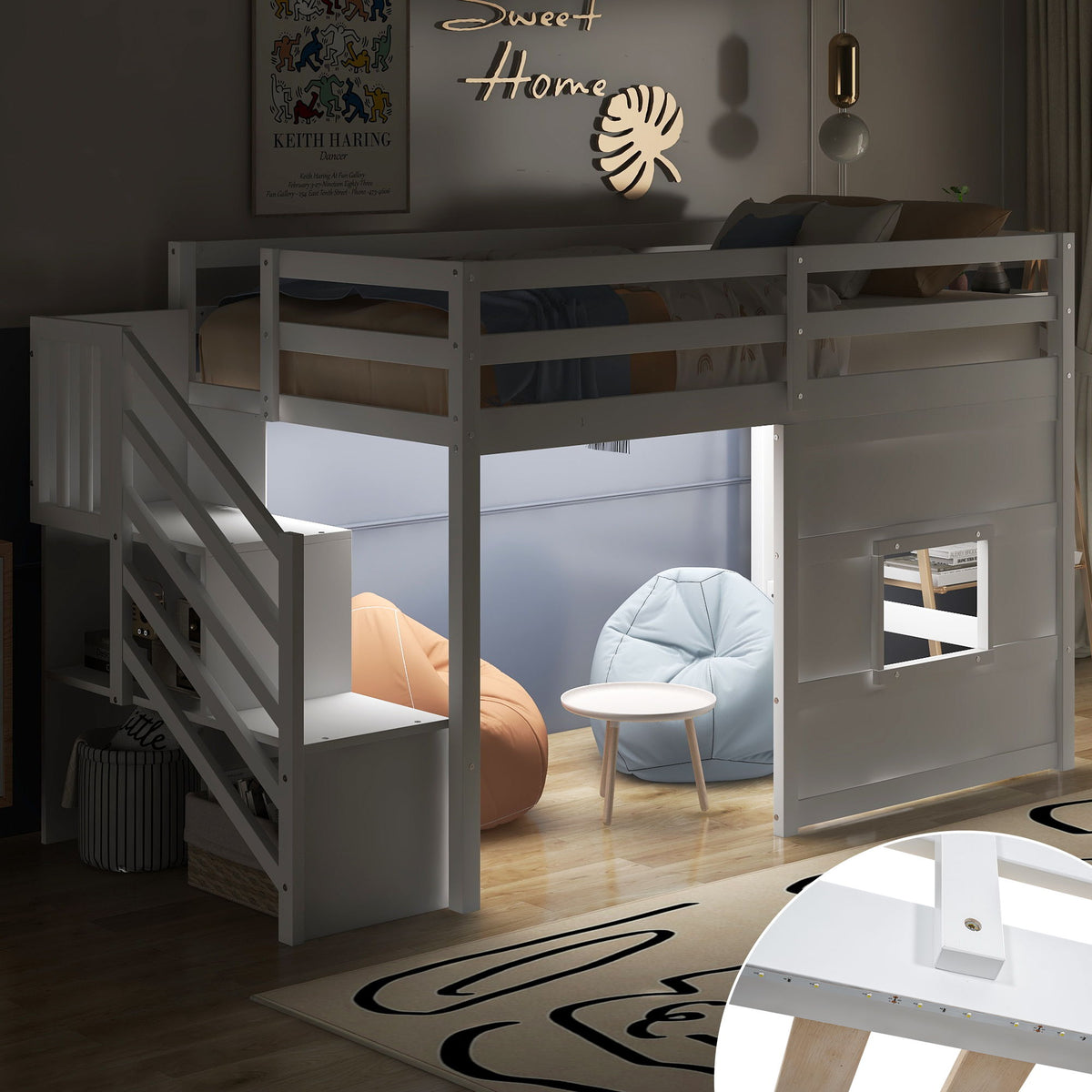 Twin Loft Bed with Storage Staircase, Window & LED Light - White or Dark Gray, photo 11 of 34