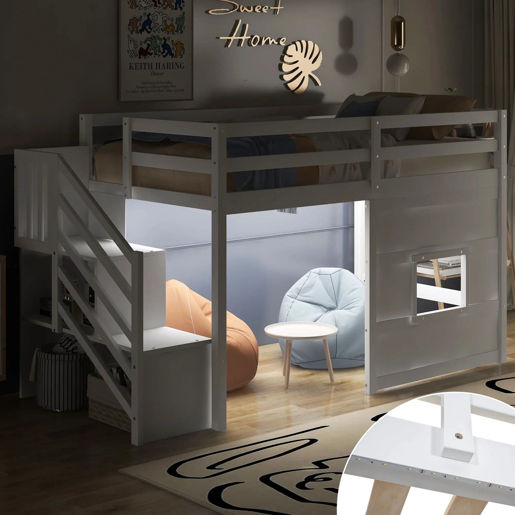 Loft Bed With Storage Staircase, Window & LED Light by Unique Piece Furniture