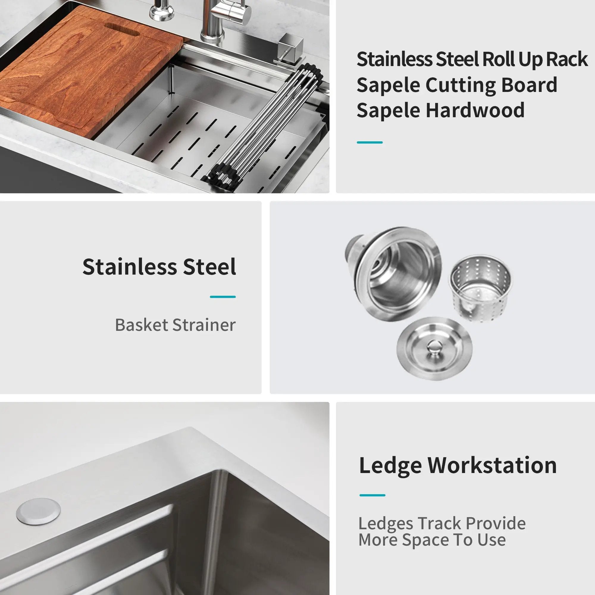 33" Drop In Kitchen Sink Single Bowl 16 Gauge Stainless Steel Ledge Workstation - Black by HouseOfZazla