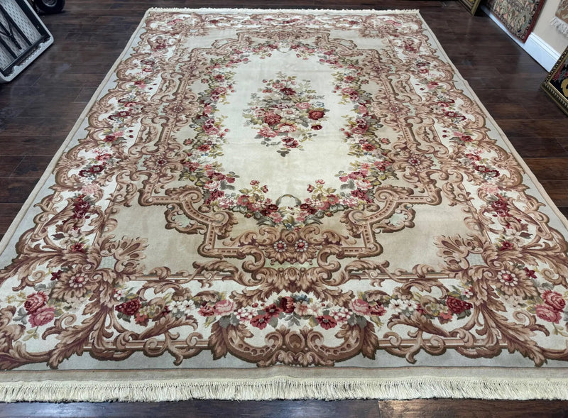 Aubusson Rug 8x12, European French Savonnerie Design, Thick Wool Pile, Elegant Rug, Cream Beige Light Green by Jewel Rugs