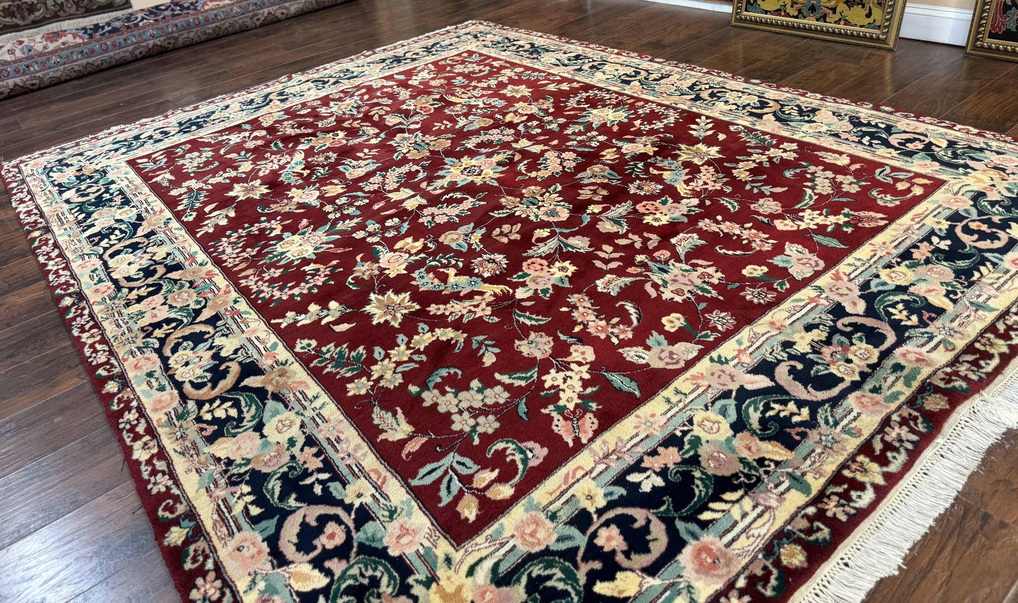 Indo Persian Rug 8x10, Floral Allover with Bird Pictorials, Maroon and Navy Blue, Handmade Wool Area Rug by Jewel Rugs
