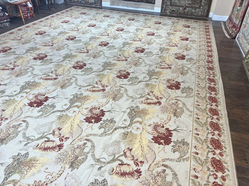 Extra Large Needlepoint Rug 14 x 20, Vintage Handwoven Handmade Wool Flatweave Carpet, Allover Floral Pattern, Elegant European Deisgn Rug by Jewel Rugs