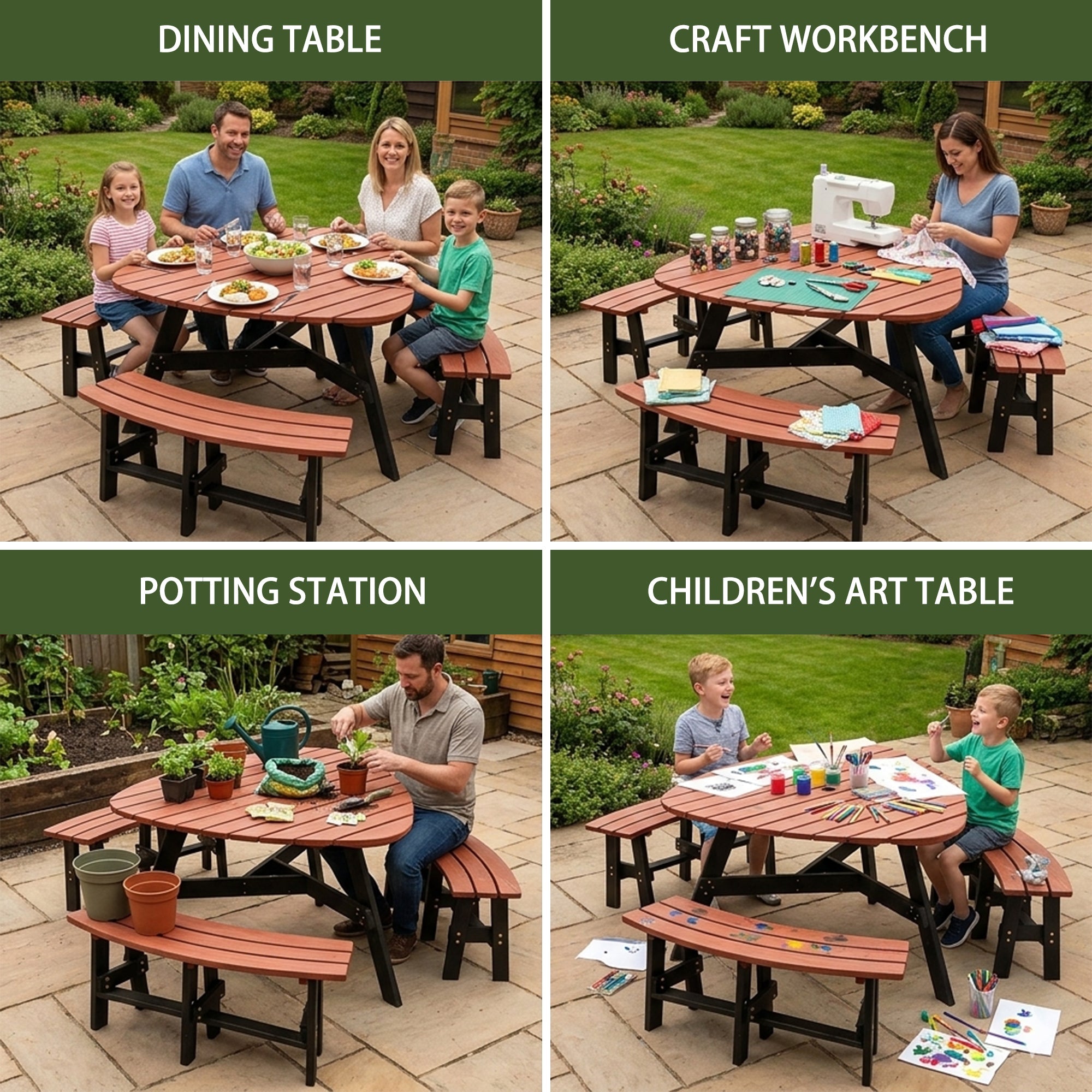 6-Person Semi-Circular Outdoor Solid Fir Wood Picnic Table Set, Rustic by HouseOfZazla