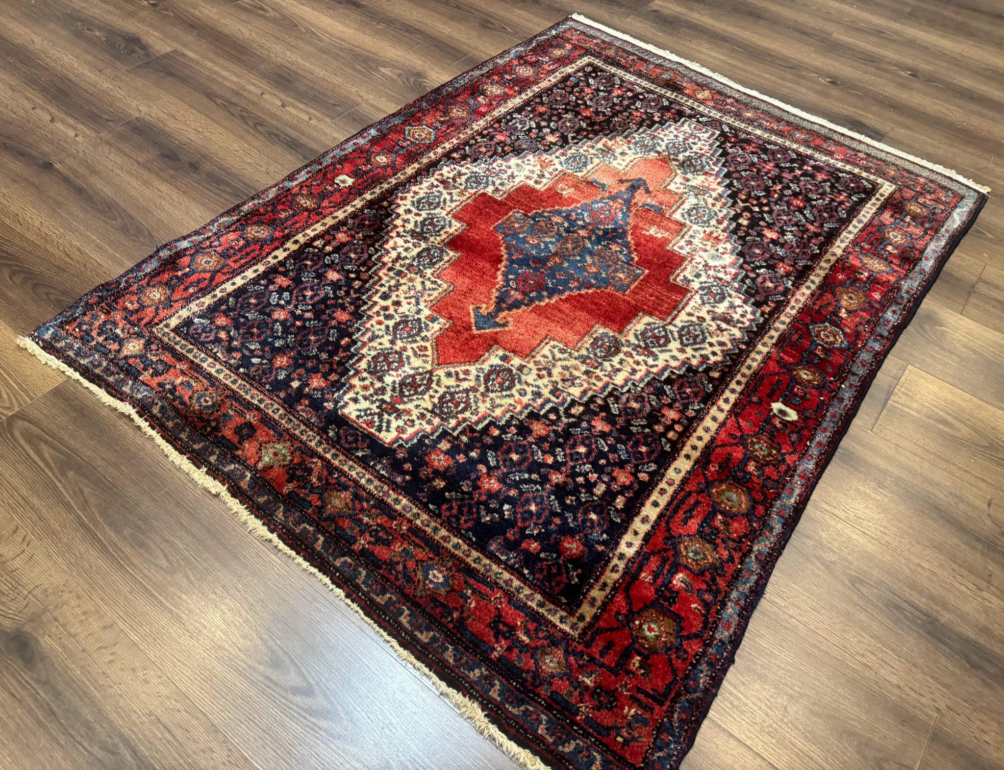 Antique Persian Kurdish Senneh Rug 4x5 Tribal Carpet Wool Geometric Medallion by Jewel Rugs