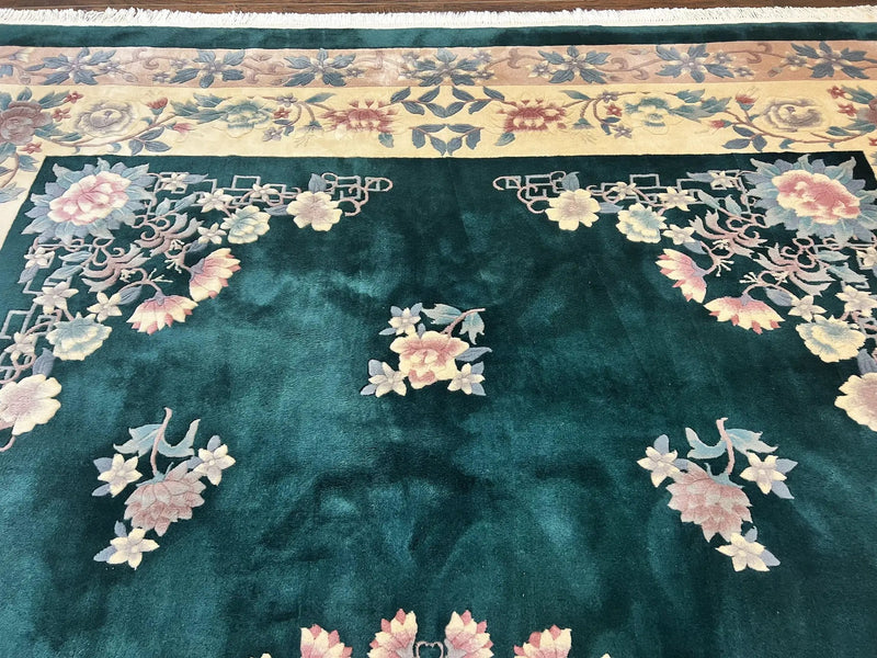 Chinese Art Deco Rug 9x12, Wool Hand Knotted Vintage Carpet, Dark Green & Cream, 90 Line Carving Rug by Jewel Rugs