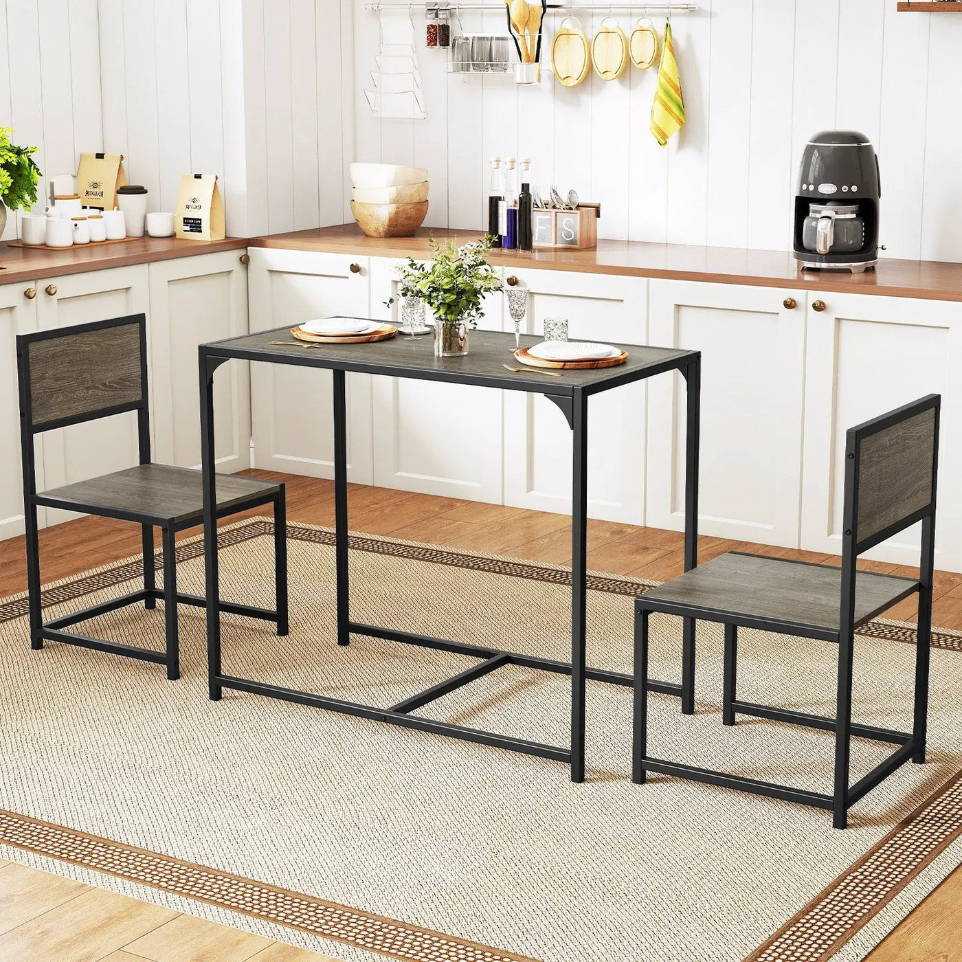 3 Pcs Dining Set Compact Table and 2 Chair with Metal Frame for for Small Space by DirectDeals
