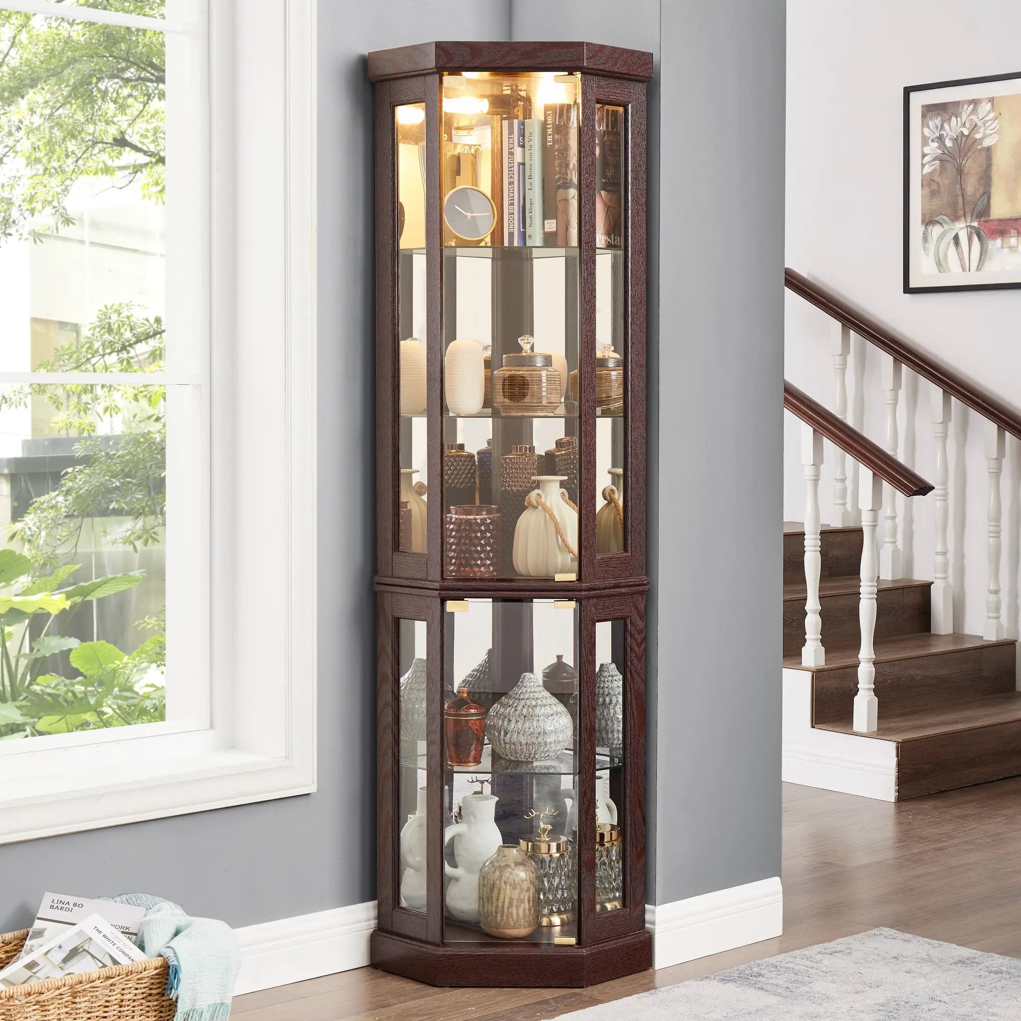 Corner Glass Cabinet Lighted Curio Cabinet in Dark Cherry by HouseOfZazla