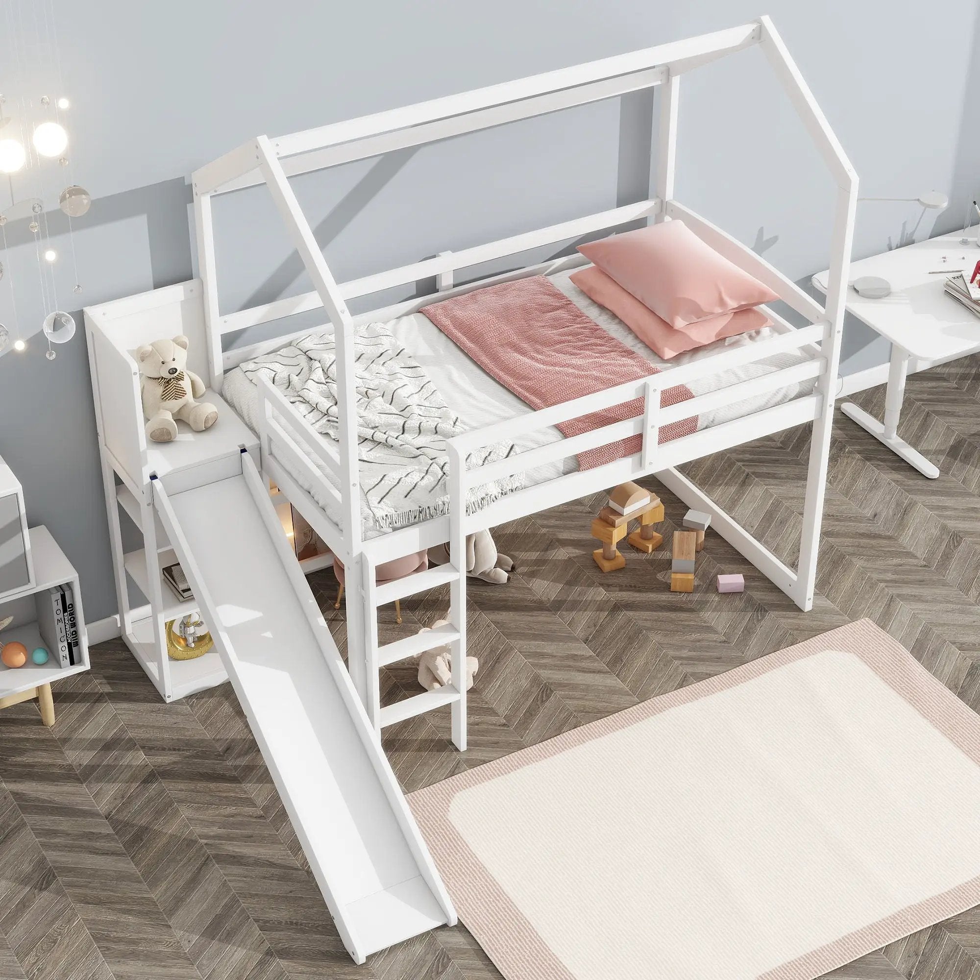 House Loft Bed With Slide, Storage Shelves And Light, Climbing Ramp by Unique Piece Furniture