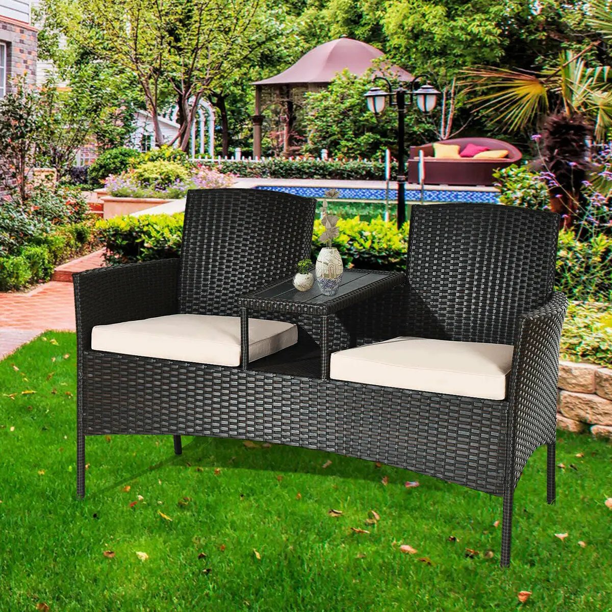 Modern Patio Conversation Set with Built-in Coffee Table and Cushions by DirectDeals
