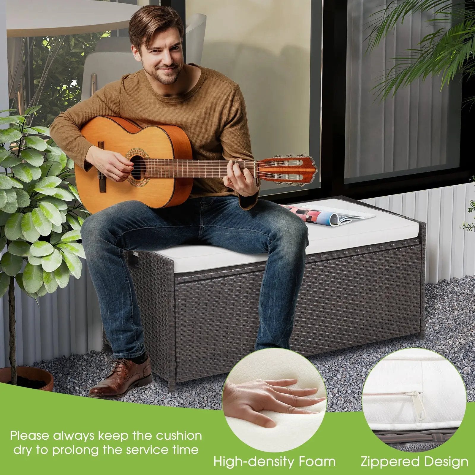 34 Gallon Patio Storage Bench with Seat Cushion and Zippered Liner by DirectDeals