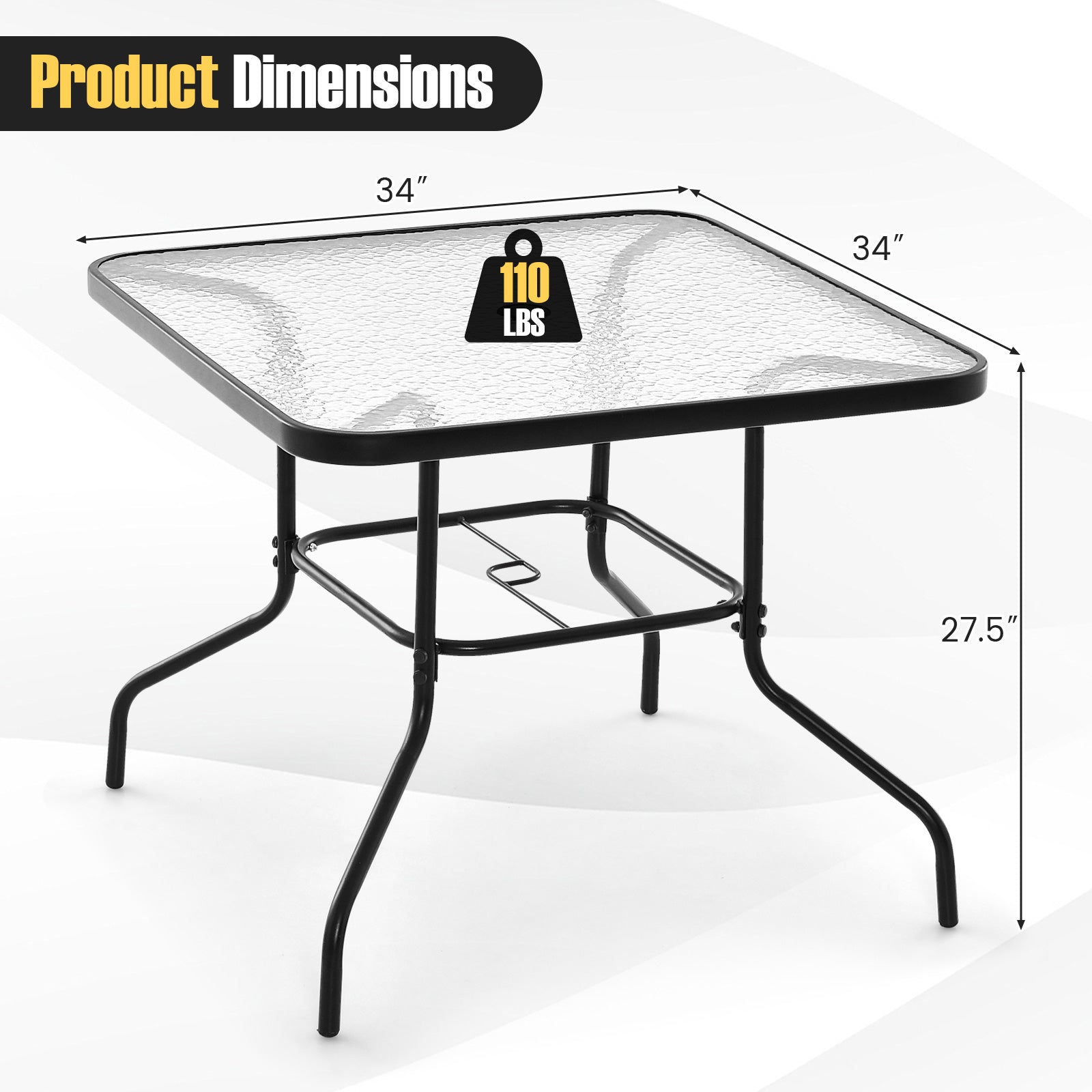34 Inch Outdoor Dining Table Square Tempered Glass Table with 1.5 Inch Umbrella Hole-Black by DirectDeals