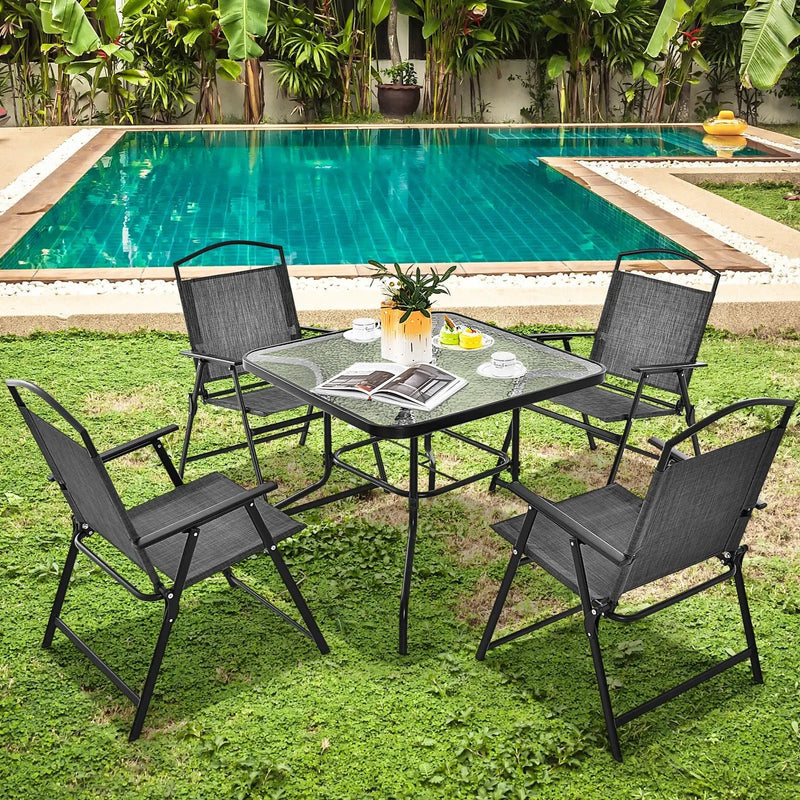 34 Inch Outdoor Dining Table Square Tempered Glass Table with 1.5 Inch Umbrella Hole-Black by DirectDeals