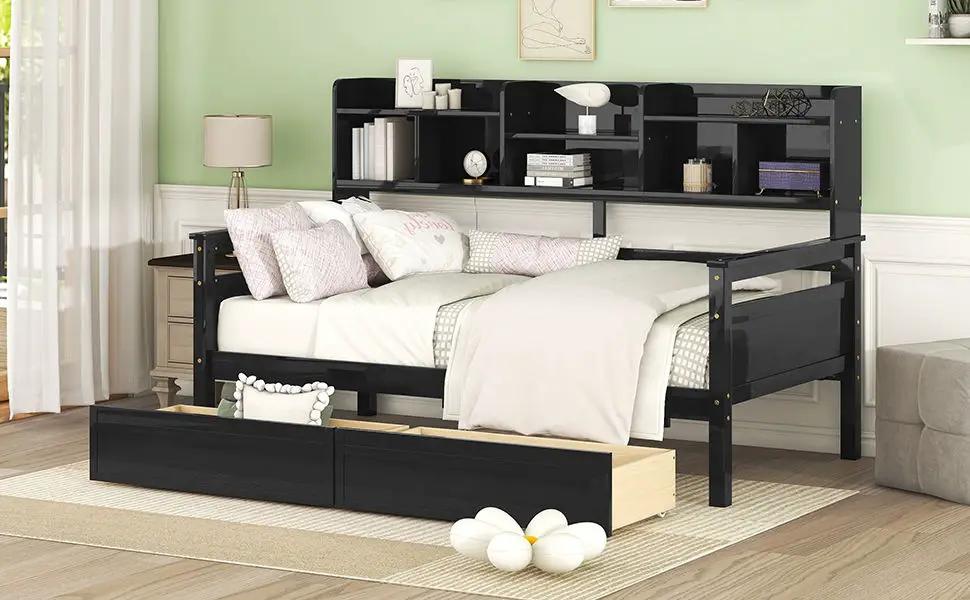 Daybed, Slat Support, With Bedside Shelves And 2 Drawers by HouseOfZazla