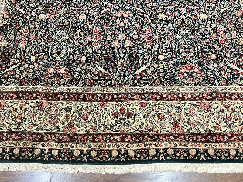 Large Sino Persian Rug 10x14, Wool Hand Knotted Vintage Carpet, Dark Green & Beige, Kirman Floral Rug, Fine Weave, Traditional, Large by Jewel Rugs