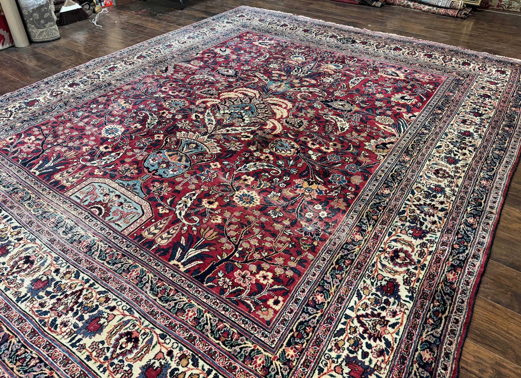 Antique Persian Mashad Rug 10x12, Red and Ivory, Signed by Master Weaver by Jewel Rugs