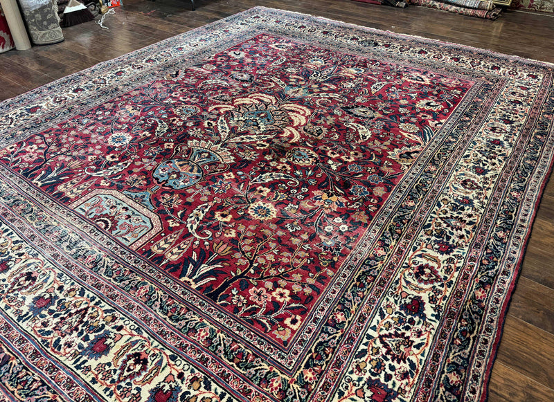Antique Persian Mashad Rug 10x12, Red and Ivory, Signed by Master Weaver by Jewel Rugs