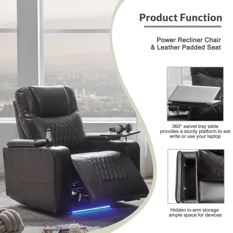 Power Motion Recliner With USB Charging Port And Hidden Arm Storage 2 Convenient Cup Holders Design And 360 Degree Swivel Tray Table by HouseOfZazla