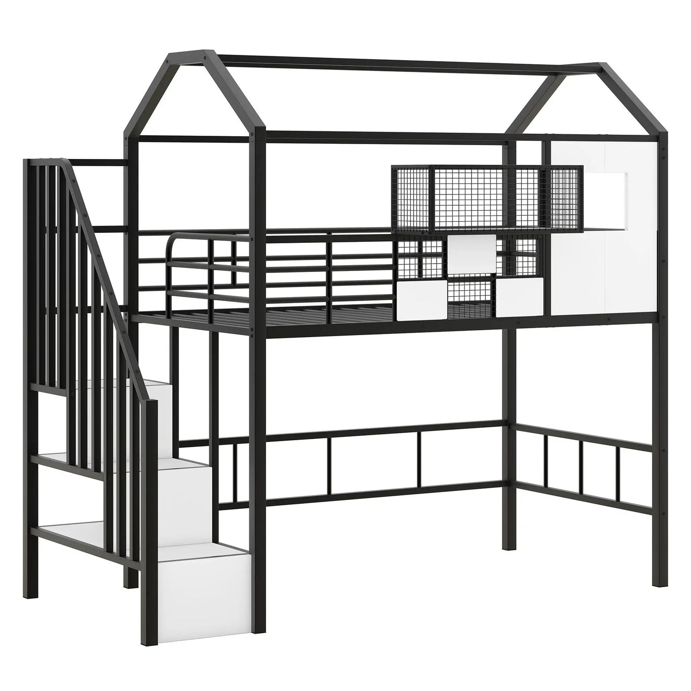 Metal Loft Bed With Roof Design And Storage Box With Guardrails And Integrated Ladder by HouseOfZazla