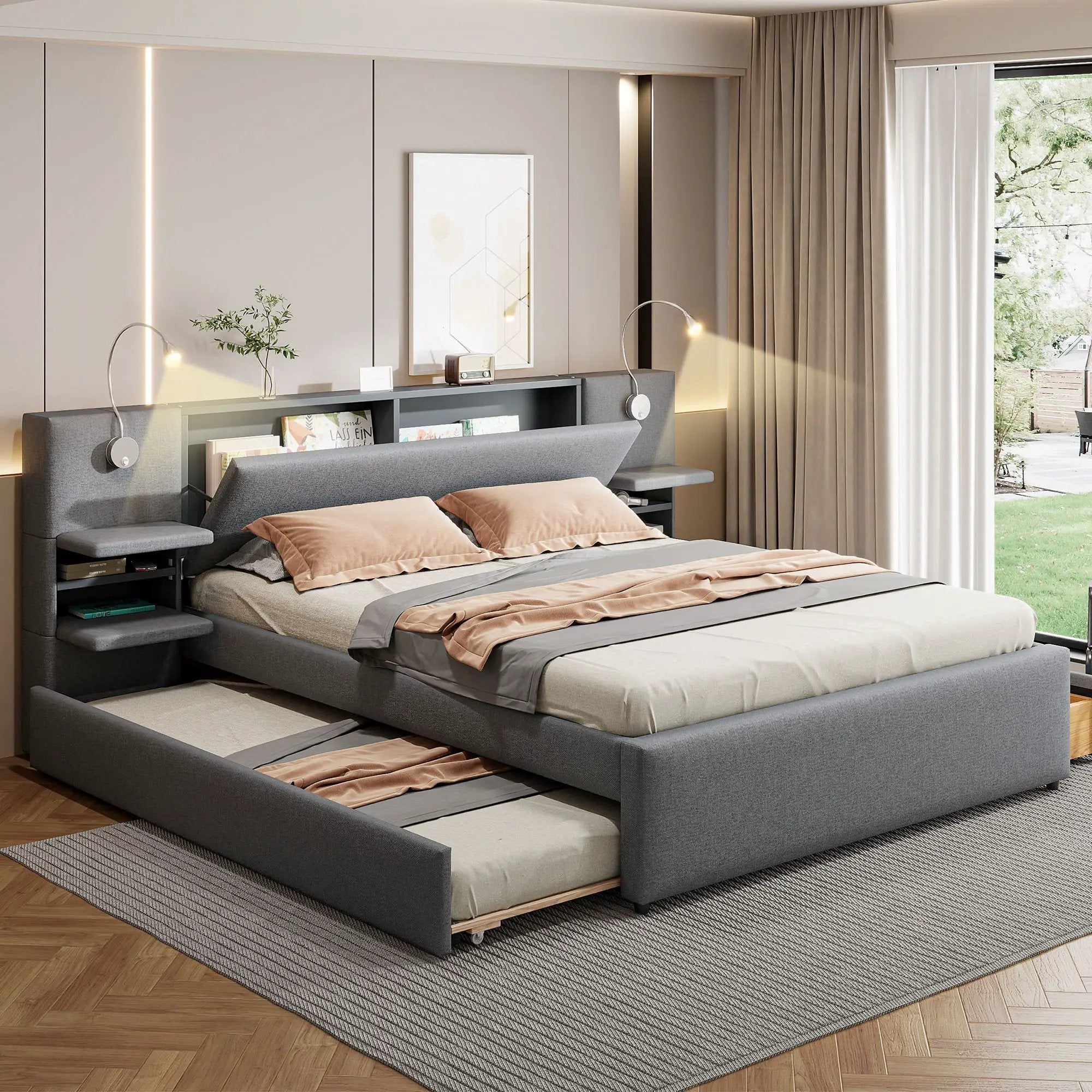 Upholstered Platform Bed With Reading Lights, Drawers, Trundle And Shelves by HouseOfZazla