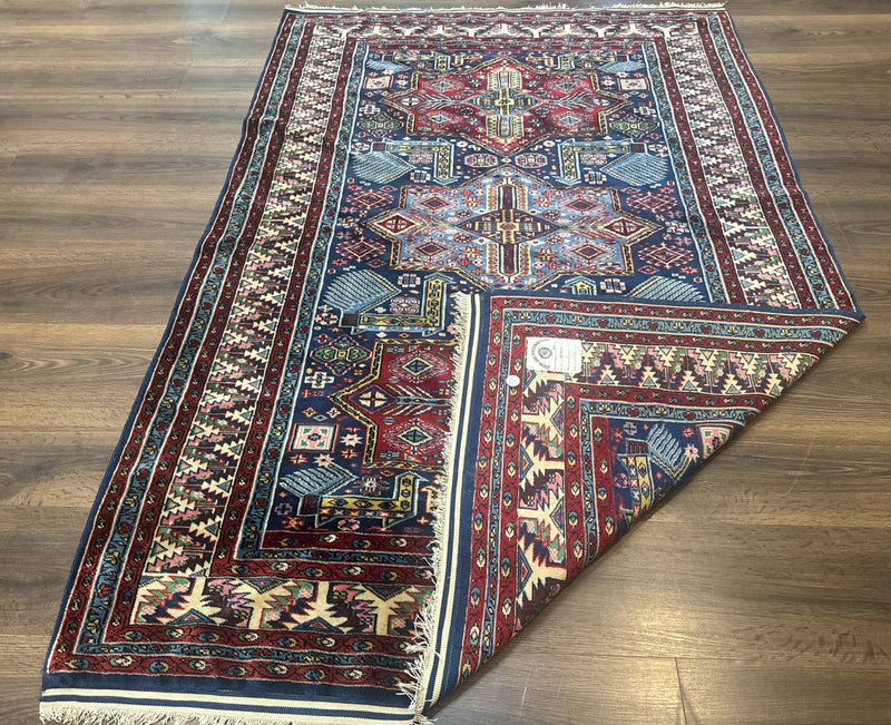 Indian Rug with Caucasian Design, 4x6 Geometric Carpet, Navy Blue and Cream by Jewel Rugs