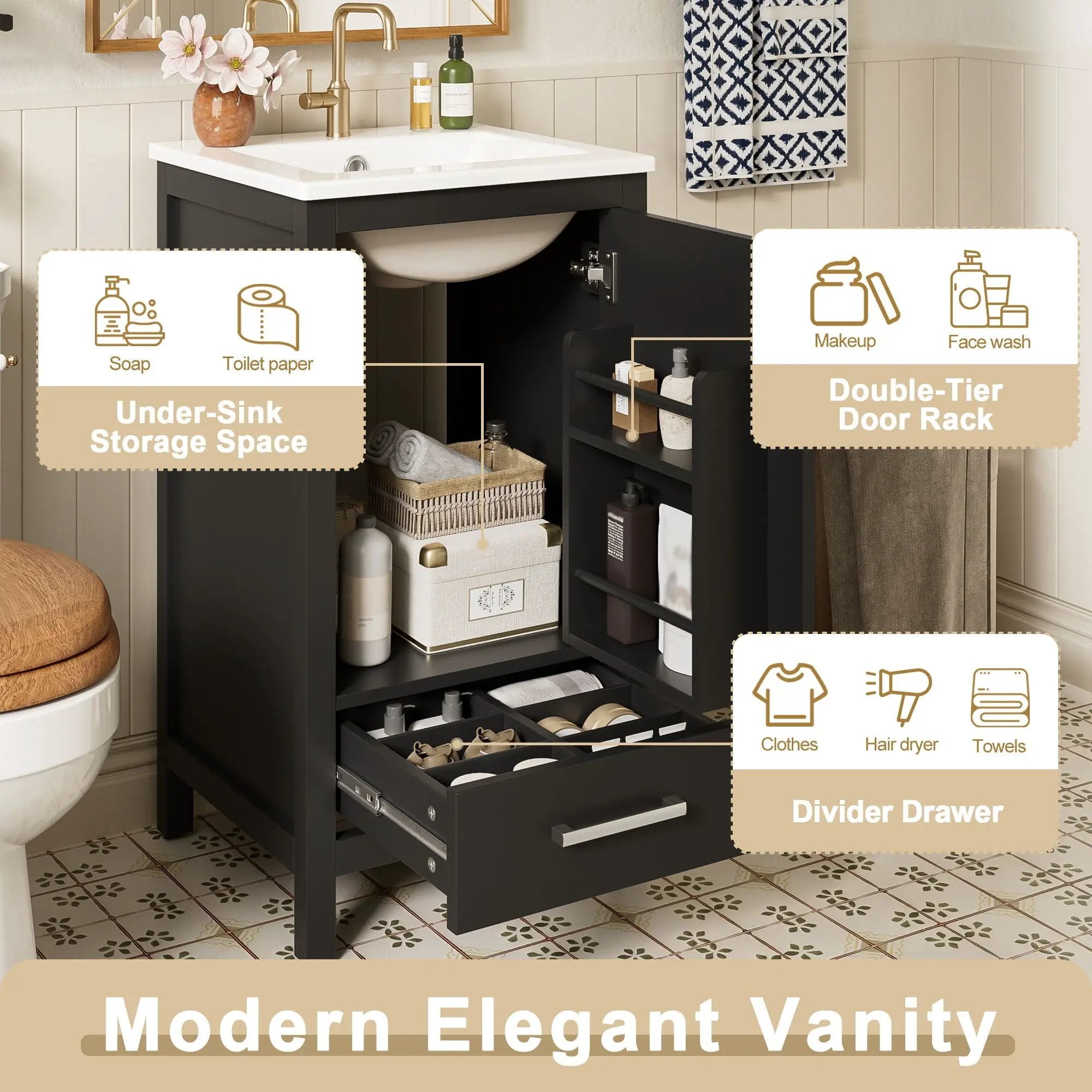 Bathroom Vanity With Ceramic Sink, Soft Close Drawers, Door Organizer, Divider Drawer, Adjustable Foot Pads by HouseOfZazla