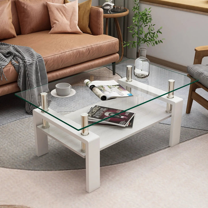 Modern Rectangular Coffee Table With Tempered Transparent Glass Top And Storage Shelf by Unique Piece Furniture