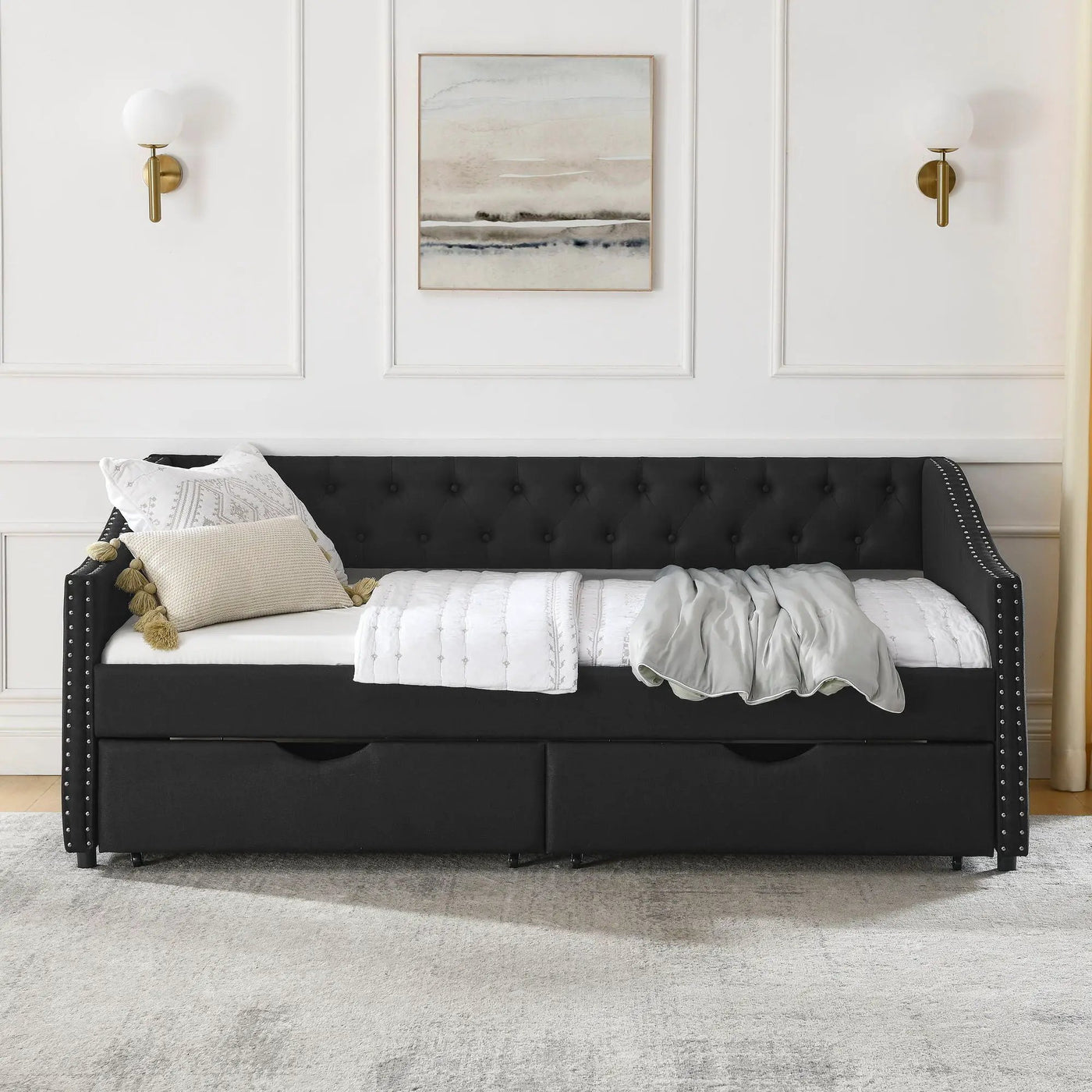 Upholstered Tufted Daybed With 2 Drawers, Waved Arms by HouseOfZazla