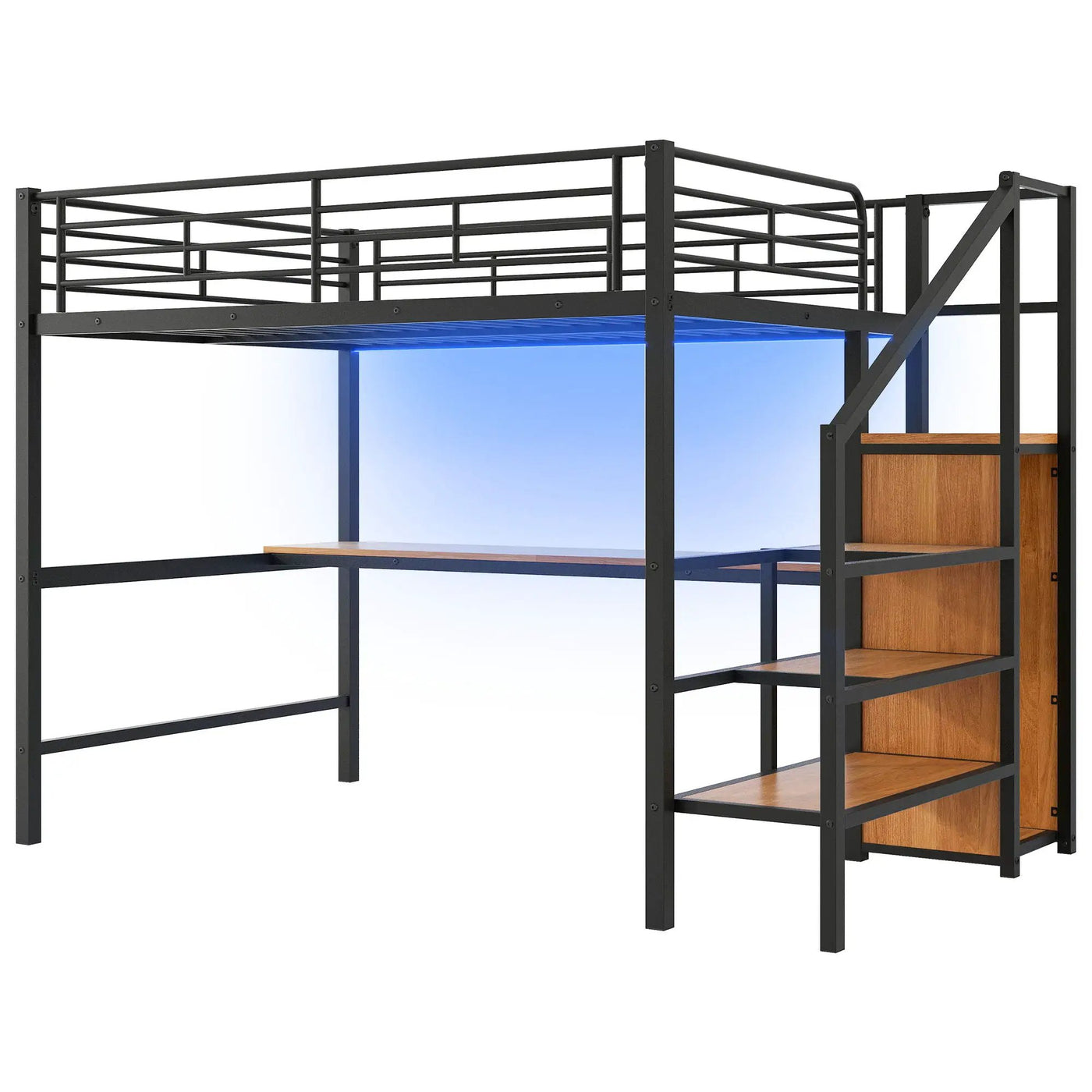 Loft Bed With Desk, Storage Staircase, Small Wardrobe And LED Light by HouseOfZazla