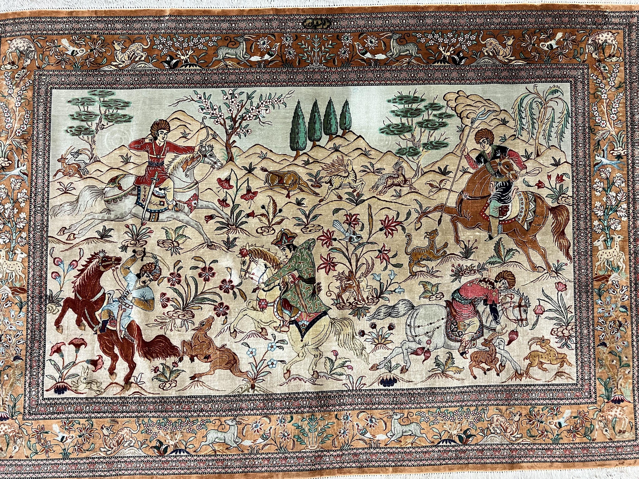 Silk Persian Qum Rug 3x5, Hunting Pattern, Handmade Vintage Carpet, Signed by Master Weaver, Horsemen Pictorials, Super Fine 650 KPSI by Jewel Rugs