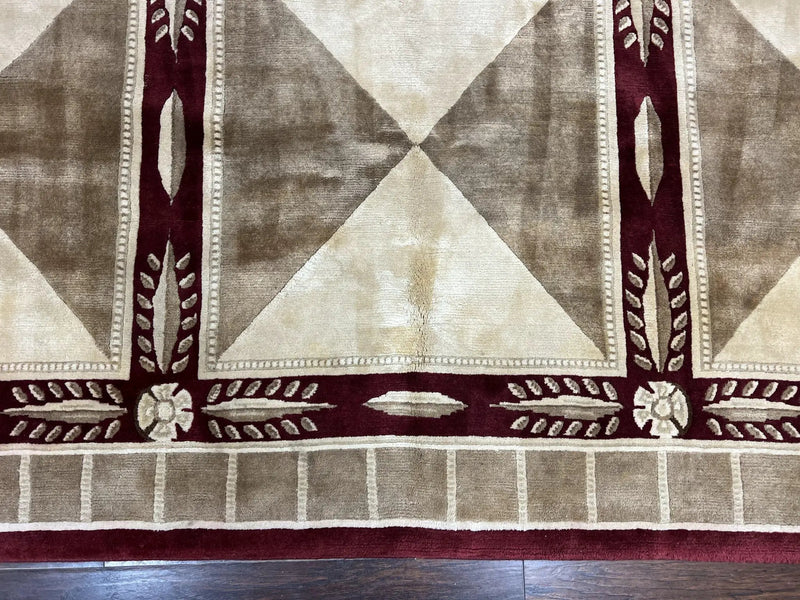 Indo Tibetan Rug 10x14, Nepali Carpet, Large Soft Wool Area Rug, Olive Tan Maroon, Contemporary Rug 10 x 14 ft Living Room Rug, Handmade Rug by Jewel Rugs