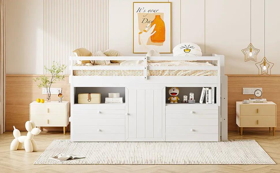 Loft Bed With 4 Drawers, Underneath Cabinet And Shelves