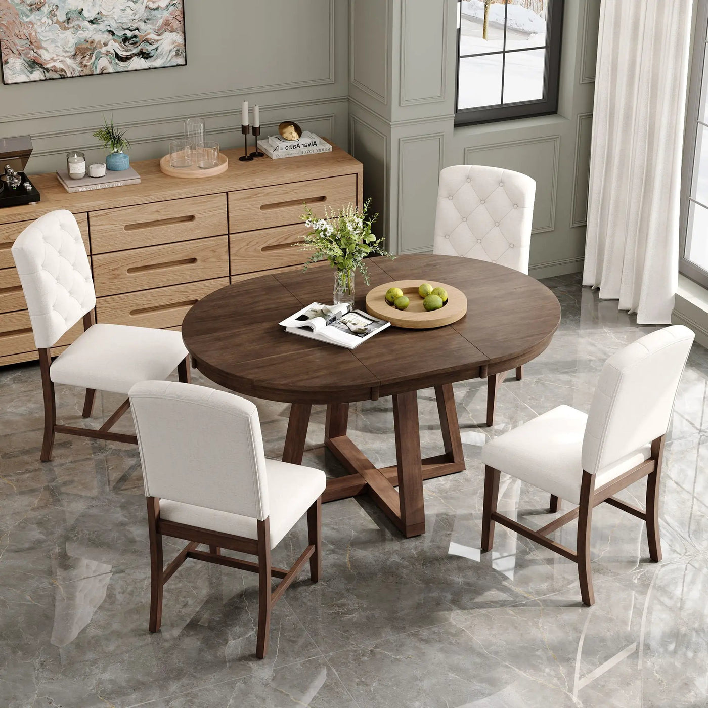 Dining Set With Leaf Round Table And 4 Upholstered Chairs by Unique Piece Furniture