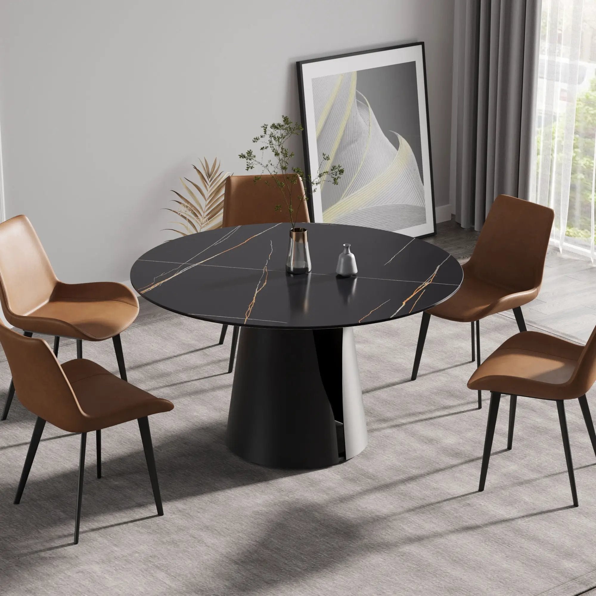 Modern Artificial Stone Round Carbon Steel Base Dining Table, Can Accommodate 6 People - Black by HouseOfZazla