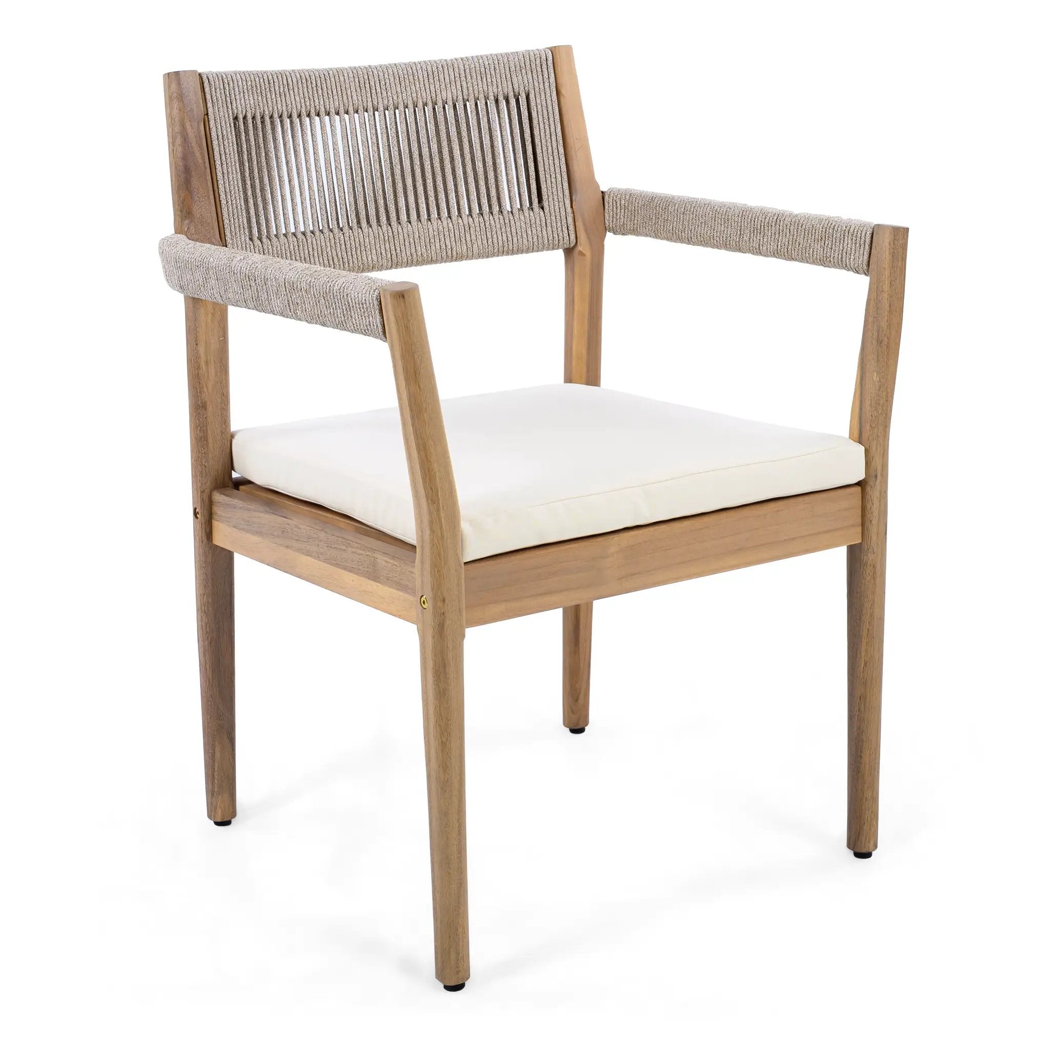 Braided Acacia Wood Outdoor Dining Chairs Set of 2 – Teak Look with Beige Rope & Cream Cushions by HouseOfZazla