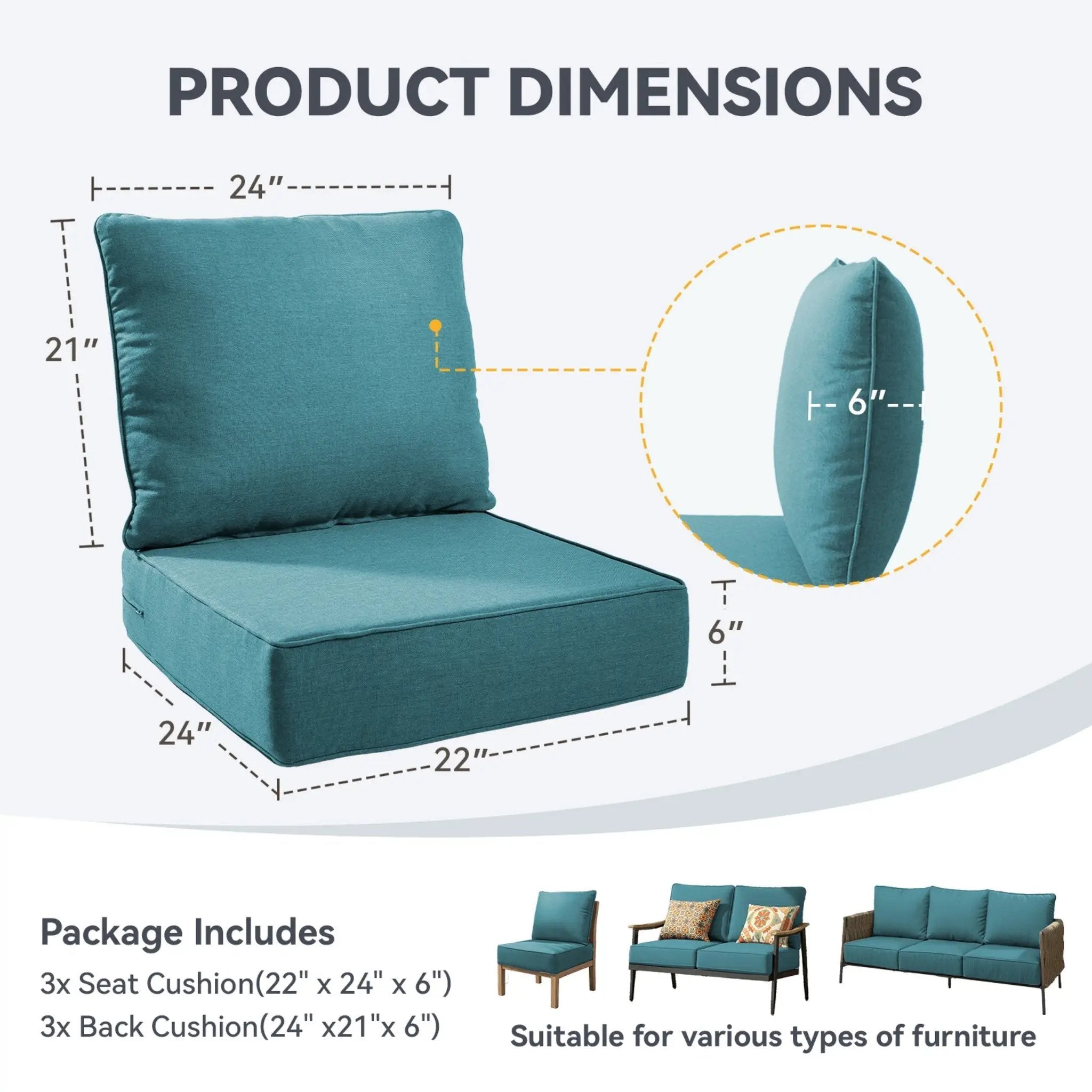 6" Thick Outdoor Chair Cushion Set - 3 Pieces by HouseOfZazla