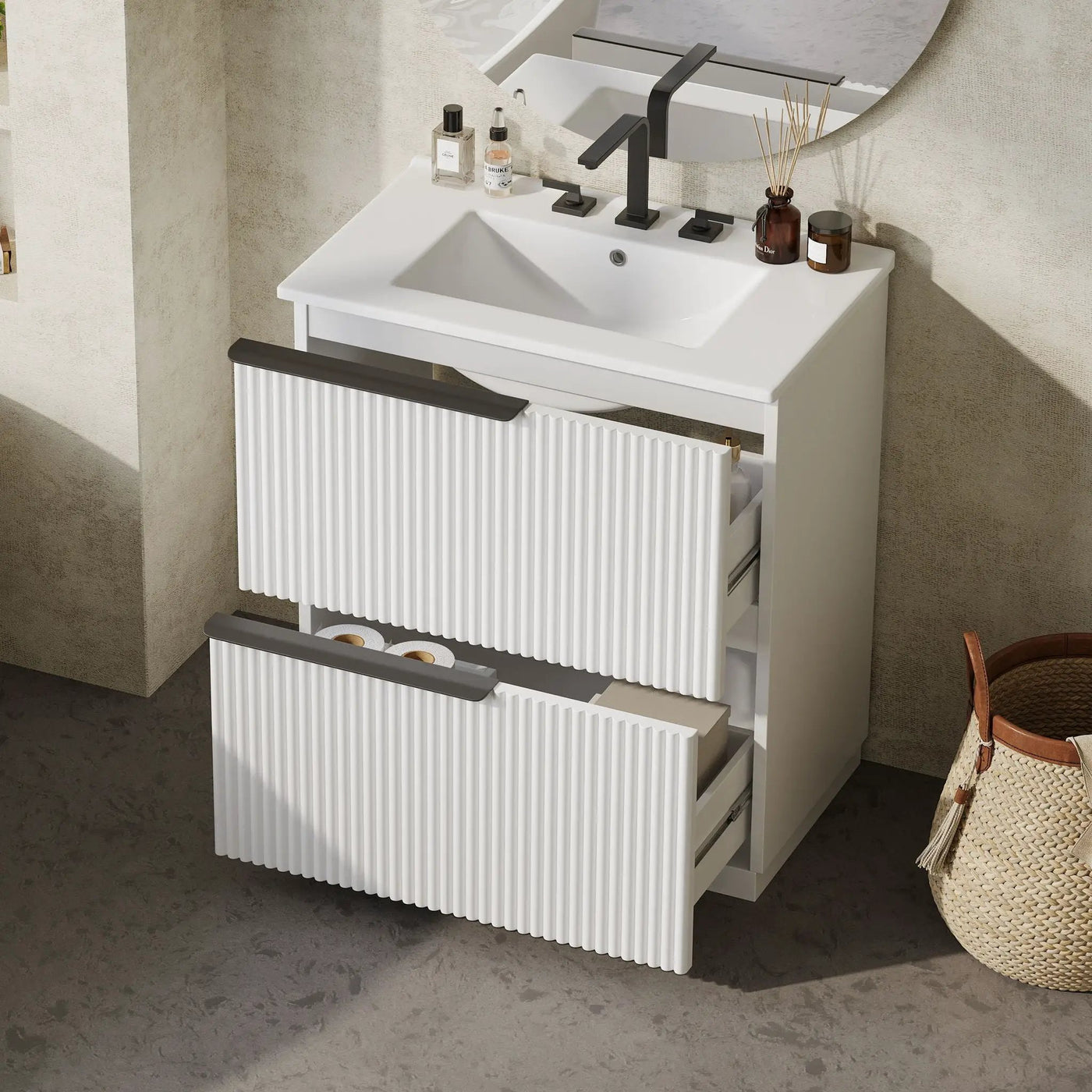 Fluted Bathroom Vanity With Ceramic Sink, Freestanding Cabinet by HouseOfZazla