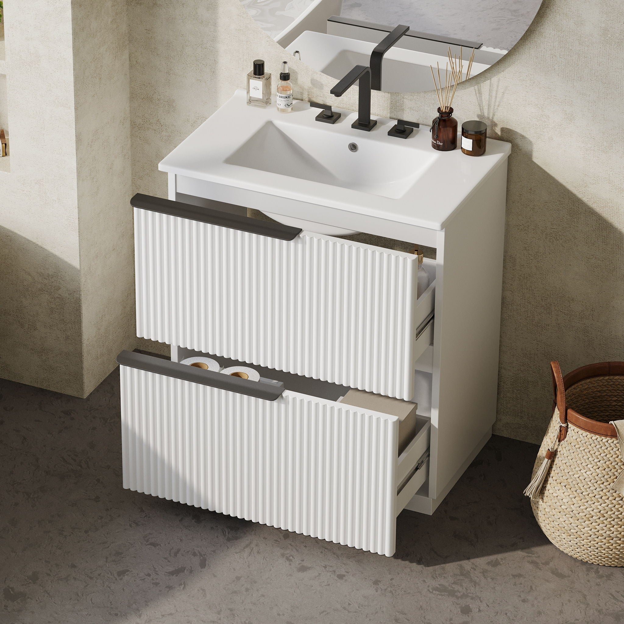 Fluted Bathroom Vanity With Ceramic Sink, Freestanding Cabinet by HouseOfZazla