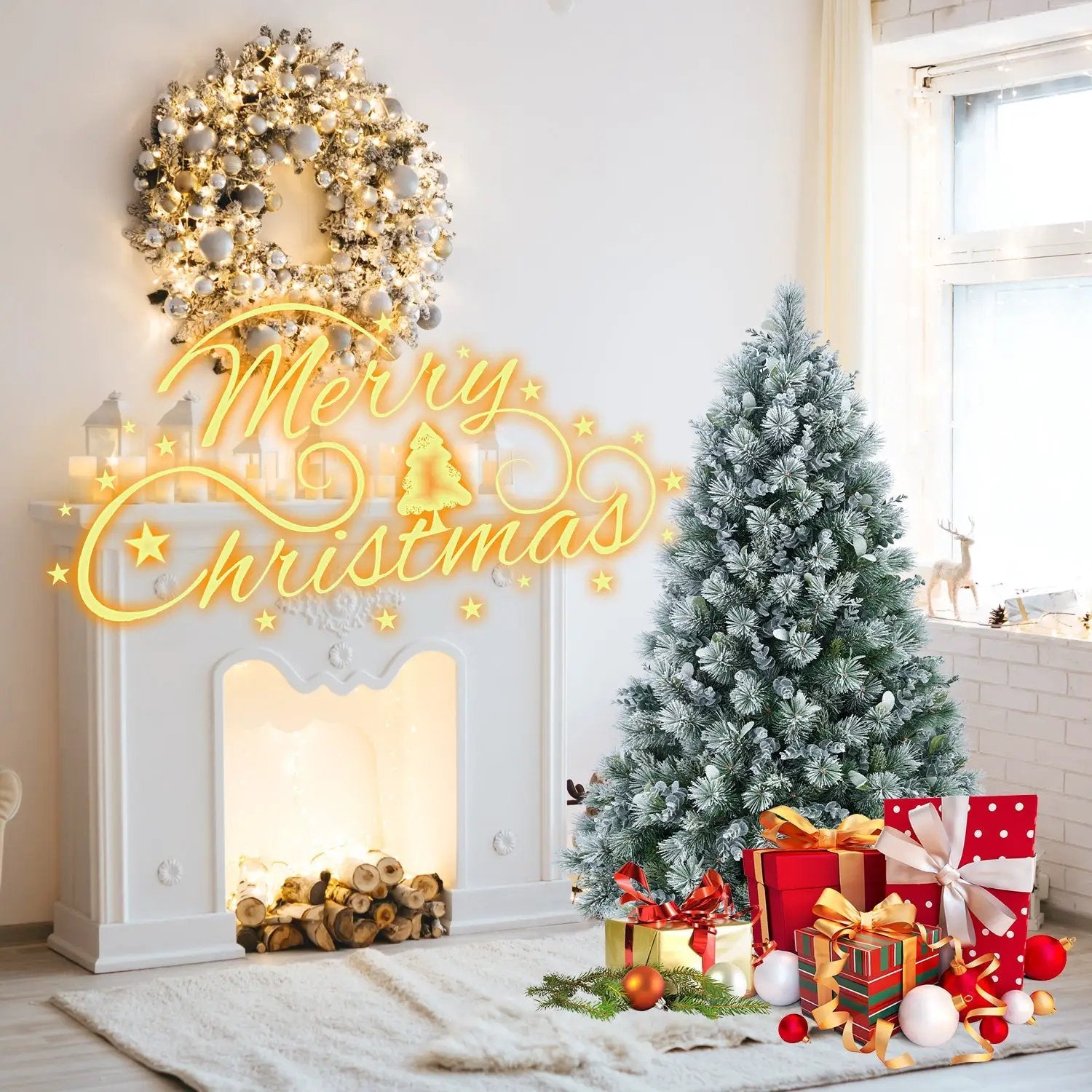 4FT Flocked Christmas Tree with Pine Needles & Eucalyptus Leaves by HouseOfZazla